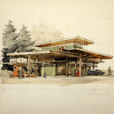 1974 vintage petrol station construction documents illustration