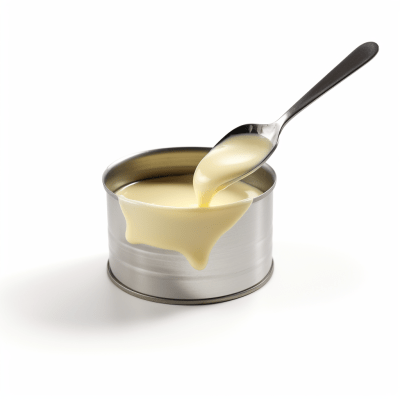 Low angle view of open tin with condensed milk and teaspoon