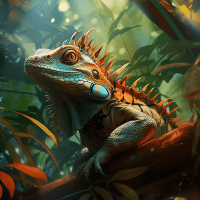Colorful lizard navigating a tropical jungle and catching insects