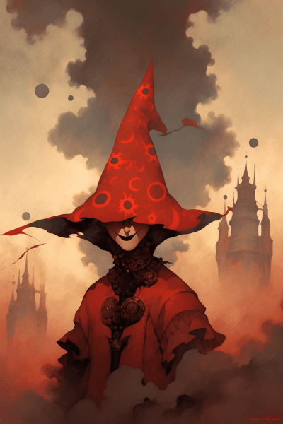 Whimsical medieval jester’s hat with eyes among red clouds