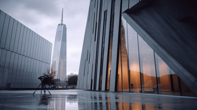 Futuristic concrete building with dramatic cinematic lighting