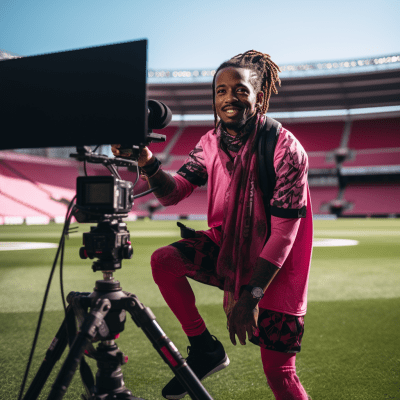 Black influencer filming a lively magenta football commercial