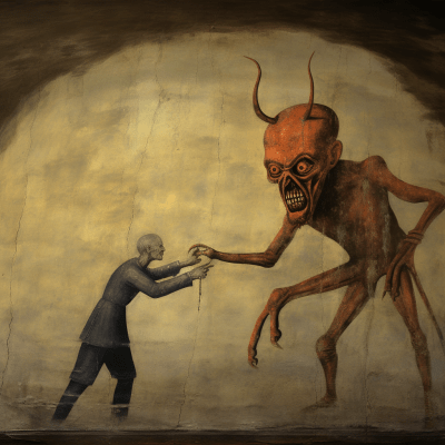 Ancient mural of man retrieving soul from demon in underworld