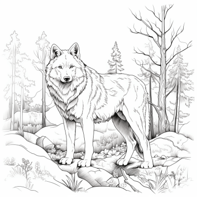 Monochrome lineart vector of a forest and wolf in a coloring page style