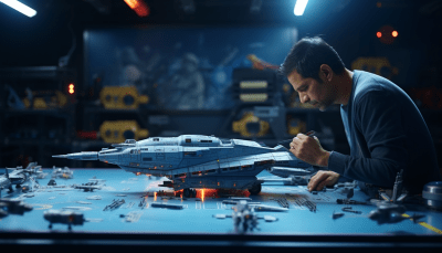 Model-builders crafting a large space battle diorama with starfighters