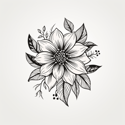 Black and white boho style flowers lineart clip art on white