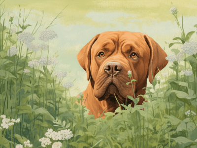 Dogue de Bordeaux with Ladybug on Nose in Textured Spring Meadow