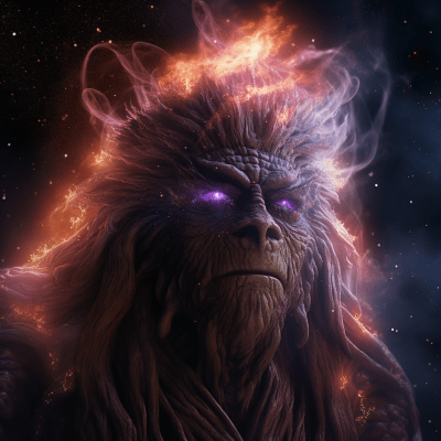 Aughra from The Dark Crystal with cosmic flames and starlit background