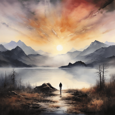 Watercolor fantasy landscape with mountains, lake, and sunrise