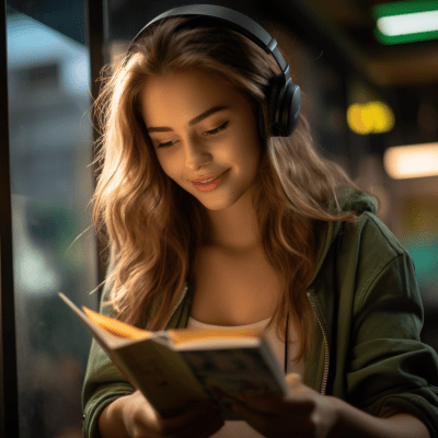 Girl with AirPods engrossed in reading a comic book in daylight