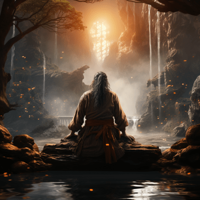 Taoist master meditating with glowing aura by a majestic waterfall