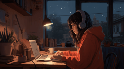 Teenager’s room with lofi video, coffee, and girl doing homework