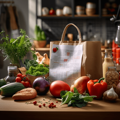 Digital shopper with fresh produce in paper bag and tech icons