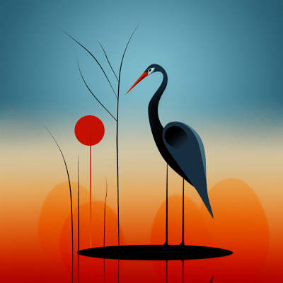 Minimalistic blue heron artwork in Miro style with serene abstract vibe