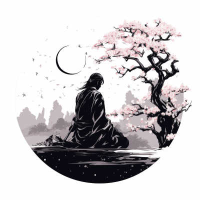 Anime style black and white vector with crescent moon, katana, and cherry blossoms