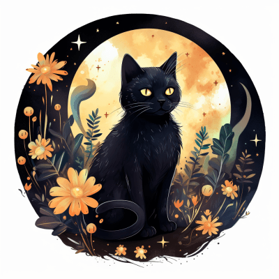 Whimsical black cat watercolor with folk flowers and starry night