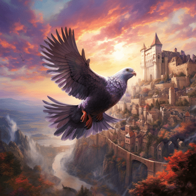 Whimsical homing pigeon flying over ancient castle in colorful light