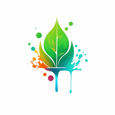 Artistic logo with paintbrush and colorful paint drops with leaf motif