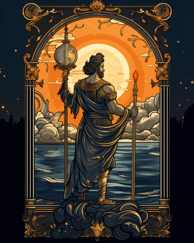 Greek god Saturn as ‘The Emperor’ tarot card with cosmic background