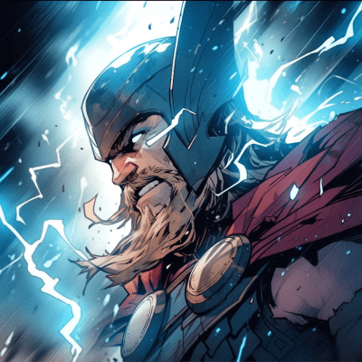Photorealistic Thor comic cover with chiaroscuro in bronze and blue