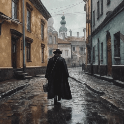 Orthodox priest walking alone in a Victorian cityscape evoking nostalgia
