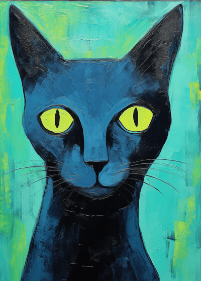 Vibrant Picasso-style painting of a Russian Blue cat with green eyes