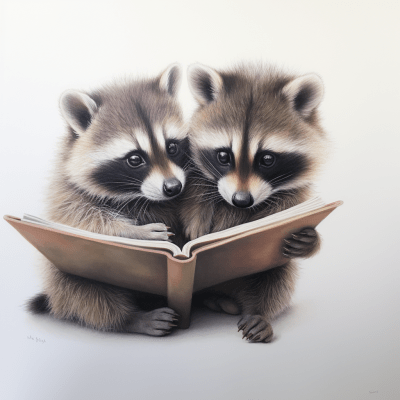 Adorable baby raccoons reading together in colored pencil style