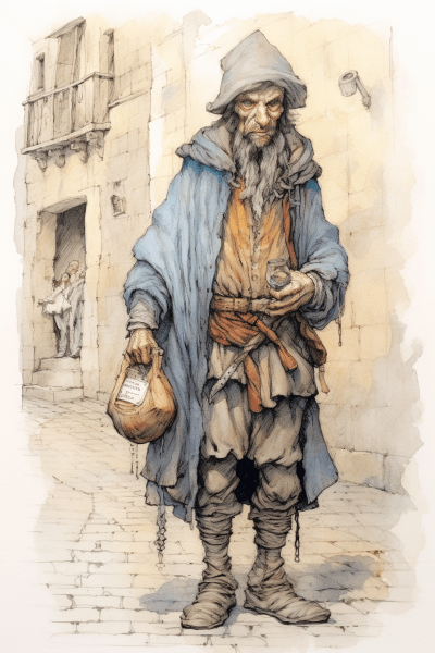 Ink and pen illustration of a medieval Italian pickpocket