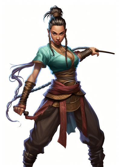 Female elf monk in acrobatic stance with bo-staff from D&D