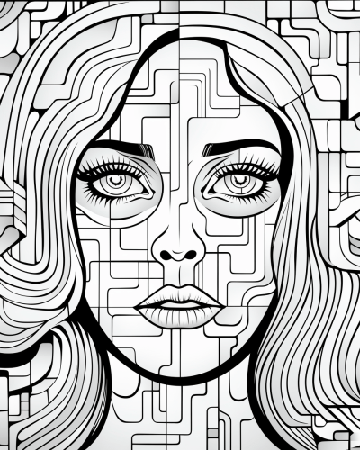 Black and white adult coloring page with shocked woman in blocky style