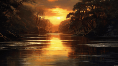 Tranquil lakeside during golden hour with fiery sky reflection