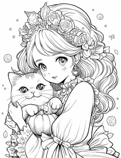 Spooky princess with cat in Halloween-themed coloring book