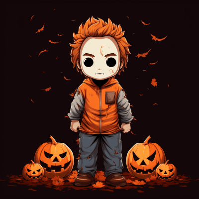 Cartoon boy dressed up as Michael Myers in a whimsical style