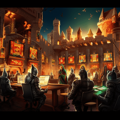 Medieval knights gambling at slot machines near a castle