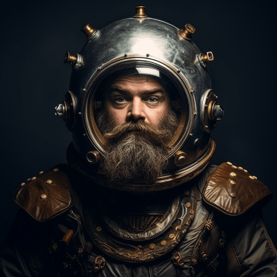 Dwarf in steampunk submarine suit with astronaut visor in fantasy setting