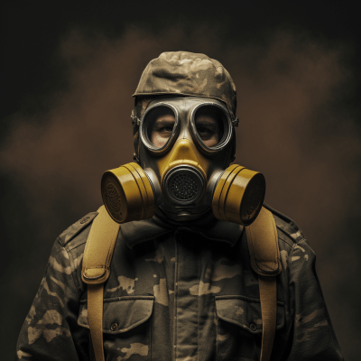 Intense image of soldier with mustard gas mask in dangerous atmosphere