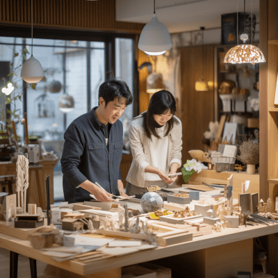 Designers brainstorming in a Korean home decor store