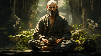 Zen master meditating peacefully in mountain surroundings