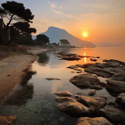 San Felice Circeo and Monte Circeo in warm sunset hues
