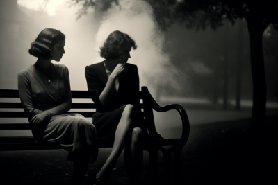 Black and white chiaroscuro photo of two women on park bench with intimate pose