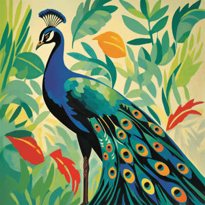 Vibrant artwork of a peacock in August Macke style with greens and blues