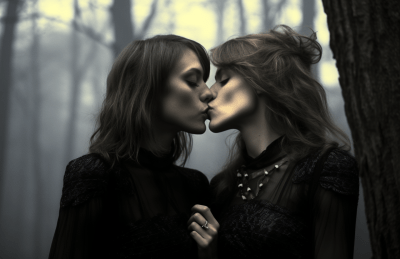 Two Scandinavian women kissing in an autumn park with chiaroscuro