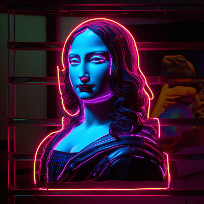 Cyberpunk Mona Lisa with neon lights in a futuristic artwork