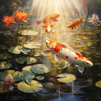 Group of carp swimming peacefully in a sunlit lake with lotus and dragonflies