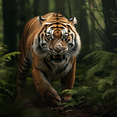Lifelike tiger with scars ready to pounce in a lush forest