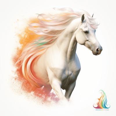 Majestic white stallion against vibrant chakra color backdrop