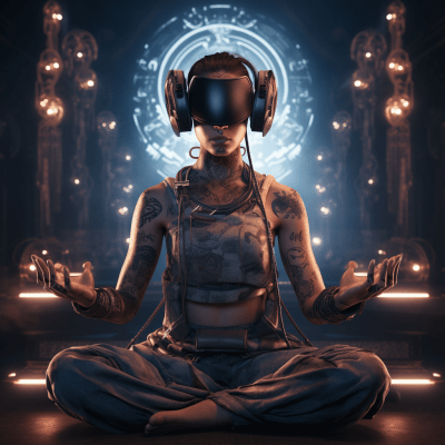 Futuristic soldier meditating in VR headset with techno tattoos
