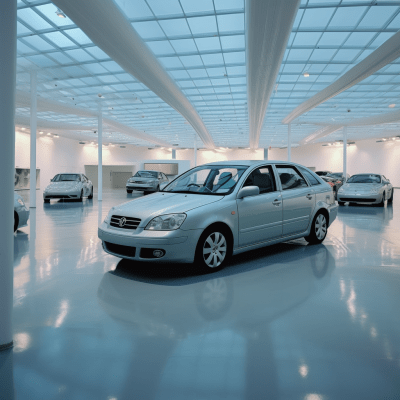 Energetic white car dealership with sleek modern cars