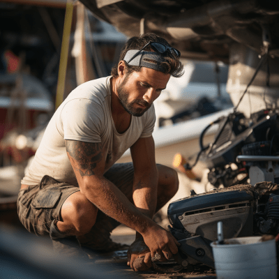 Brazilian mechanic fixing motorboat at marina with sailboat masts