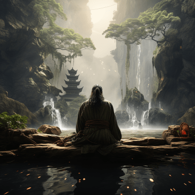 Taoist Master Meditating by Waterfall in Chinese Style Scenery